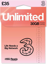 Load image into Gallery viewer, THREE Unlimited New Pay As You Go SIM Card