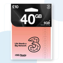 Load image into Gallery viewer, THREE £10 Pack 40GB New Pay As You Go SIM Card