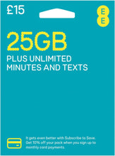Load image into Gallery viewer, EE Sim Card Pay As You Go £15 Pack 25GB Data
