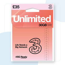 Load image into Gallery viewer, THREE Unlimited New Pay As You Go SIM Card
